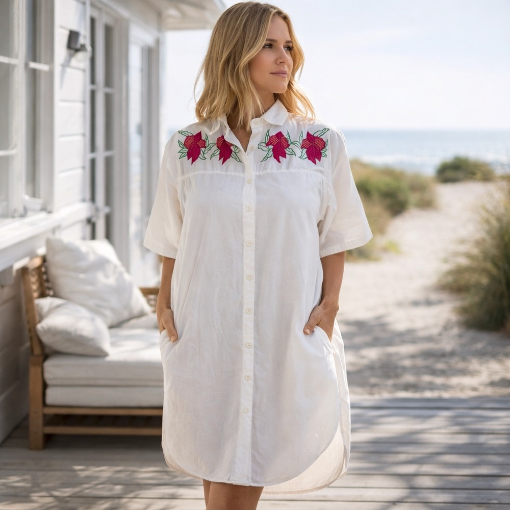 Vintage Inspired Embroidered Shirt Dress White Cotton‎ Boho Tunic Dress